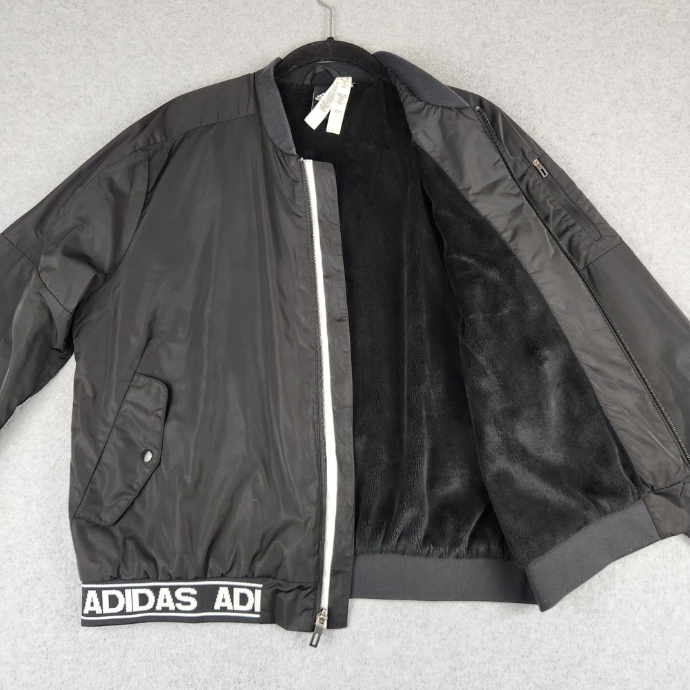 Adidas Bomber Jacket Womens L Black Fleece Lined Logo Hem Full Zip Athletic